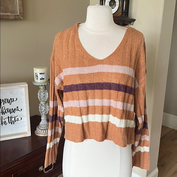 70s Vibe True Craft V-Neck Sweater - Brown and Cream Stripes Cropped New - Picture 15 of 16
